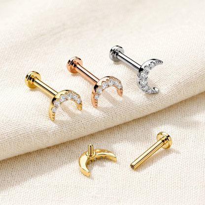 Surgical Steel Crescent Moon CZ Threaded Labret Stud 16G