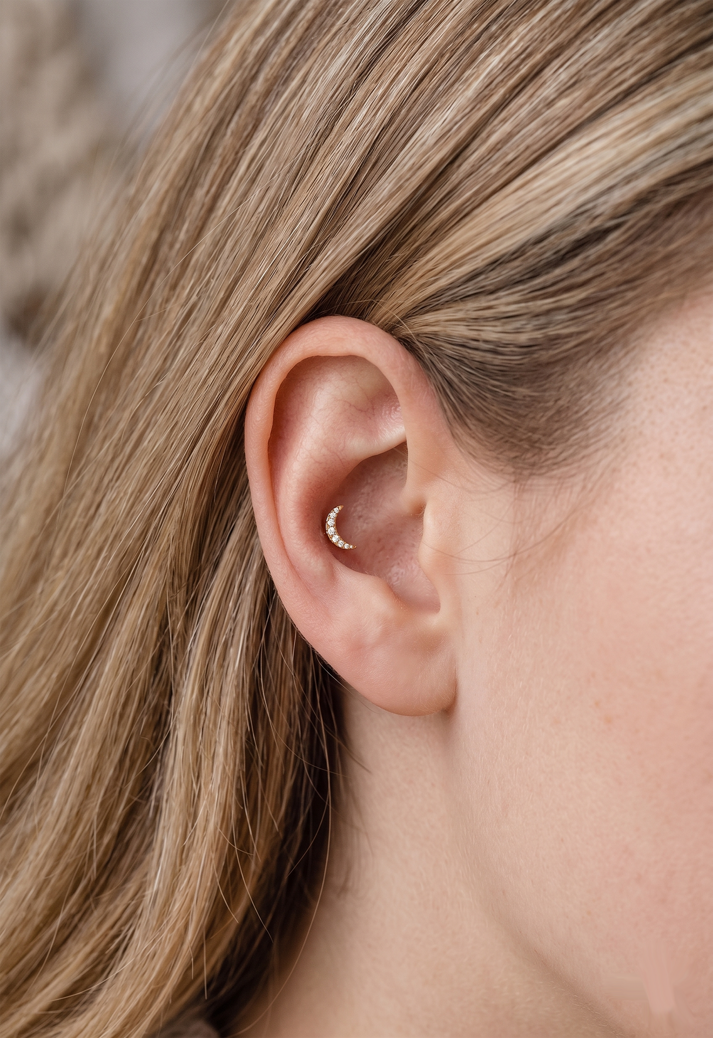 Surgical Steel Crescent Moon CZ Threaded Labret Stud 16G