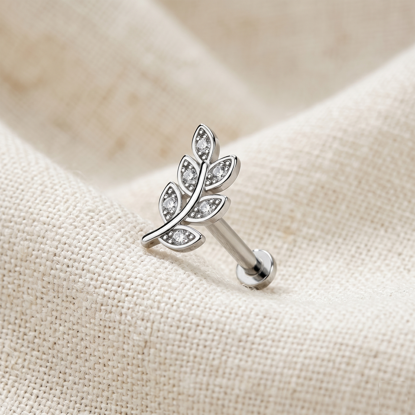 Surgical Steel Leaf CZ Threaded Labret Stud 16G