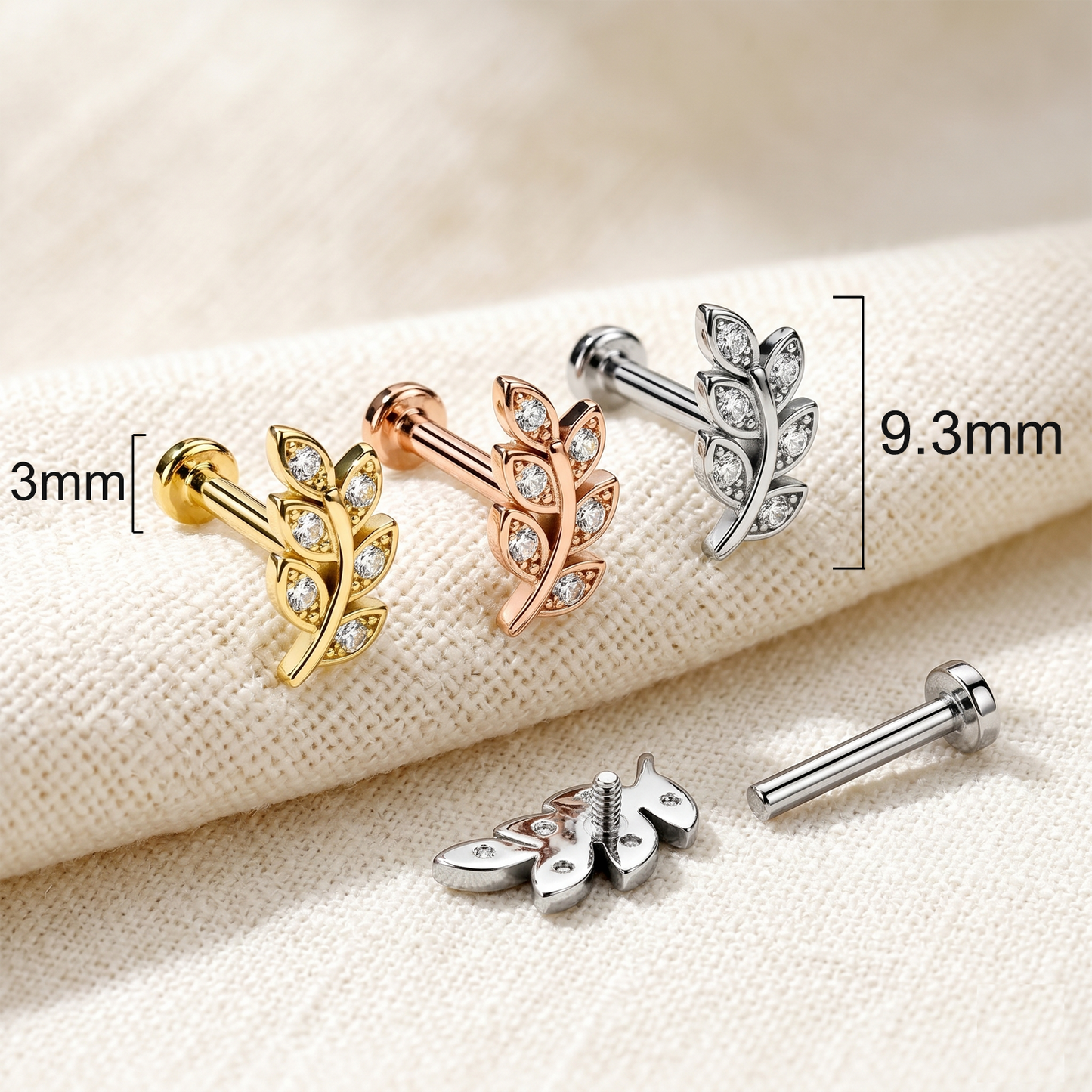 Surgical Steel Leaf CZ Threaded Labret Stud 16G