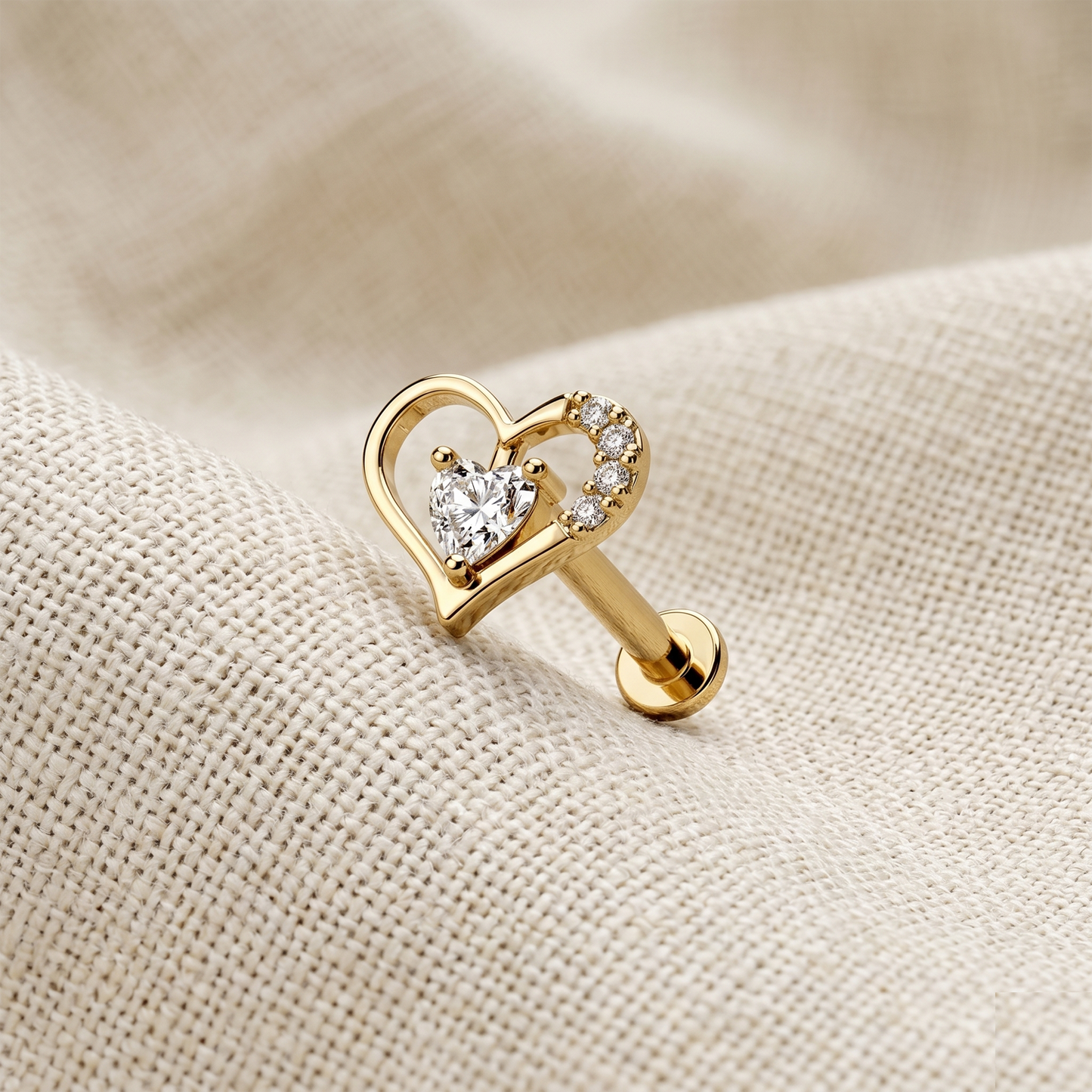 Surgical Steel Heart CZ Internally Threaded Flat Back Labret 16G