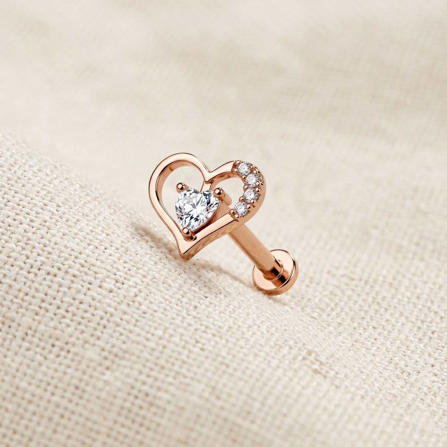 Surgical Steel Heart CZ Internally Threaded Flat Back Labret 16G