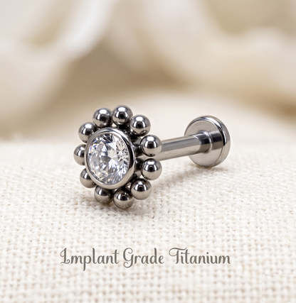 Titanium Flower CZ Threadless Stud