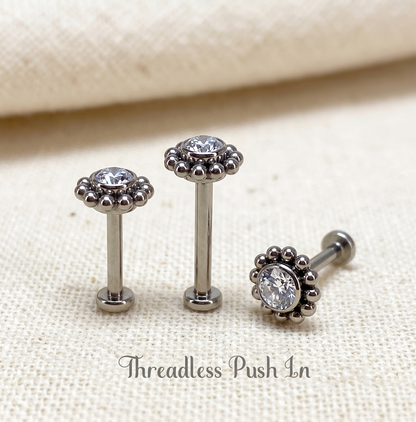 Titanium Flower CZ Threadless Stud