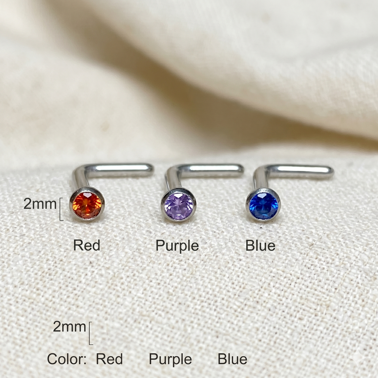 Titanium 2mm CZ L-Bend Nose Ring 20G - 6 Colors