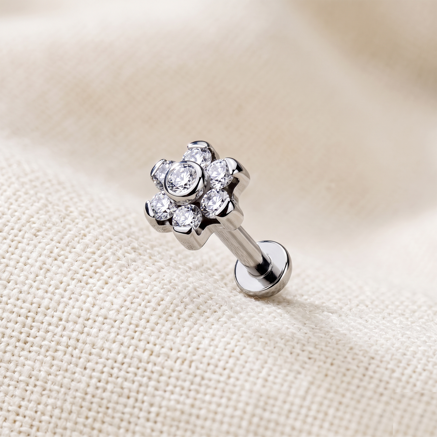 Titanium Flower CZ Threaded Labret Stud 16G