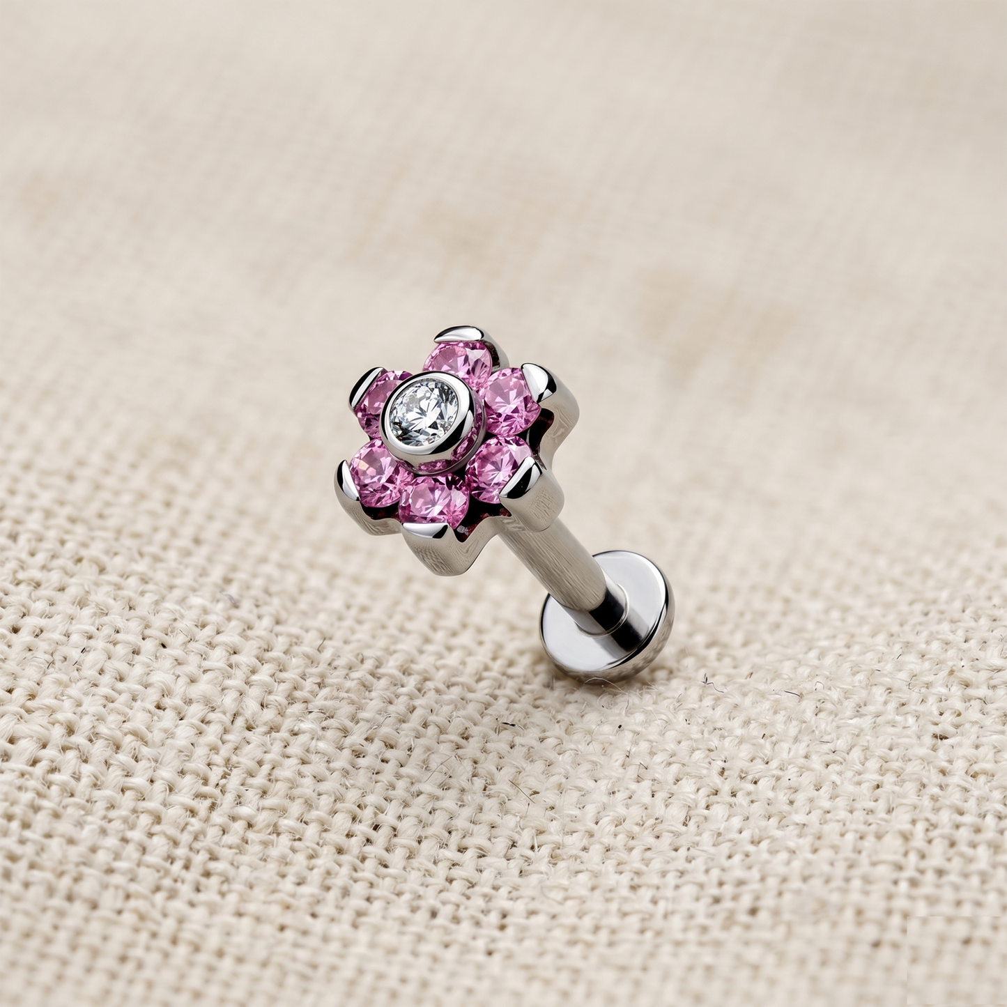 Titanium Flower CZ Threaded Labret Stud 16G