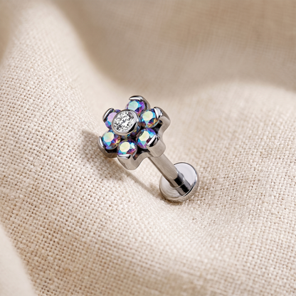 Titanium Flower CZ Threaded Labret Stud 16G