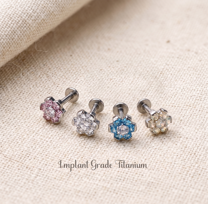 Titanium Flower CZ Threaded Labret Stud 16G