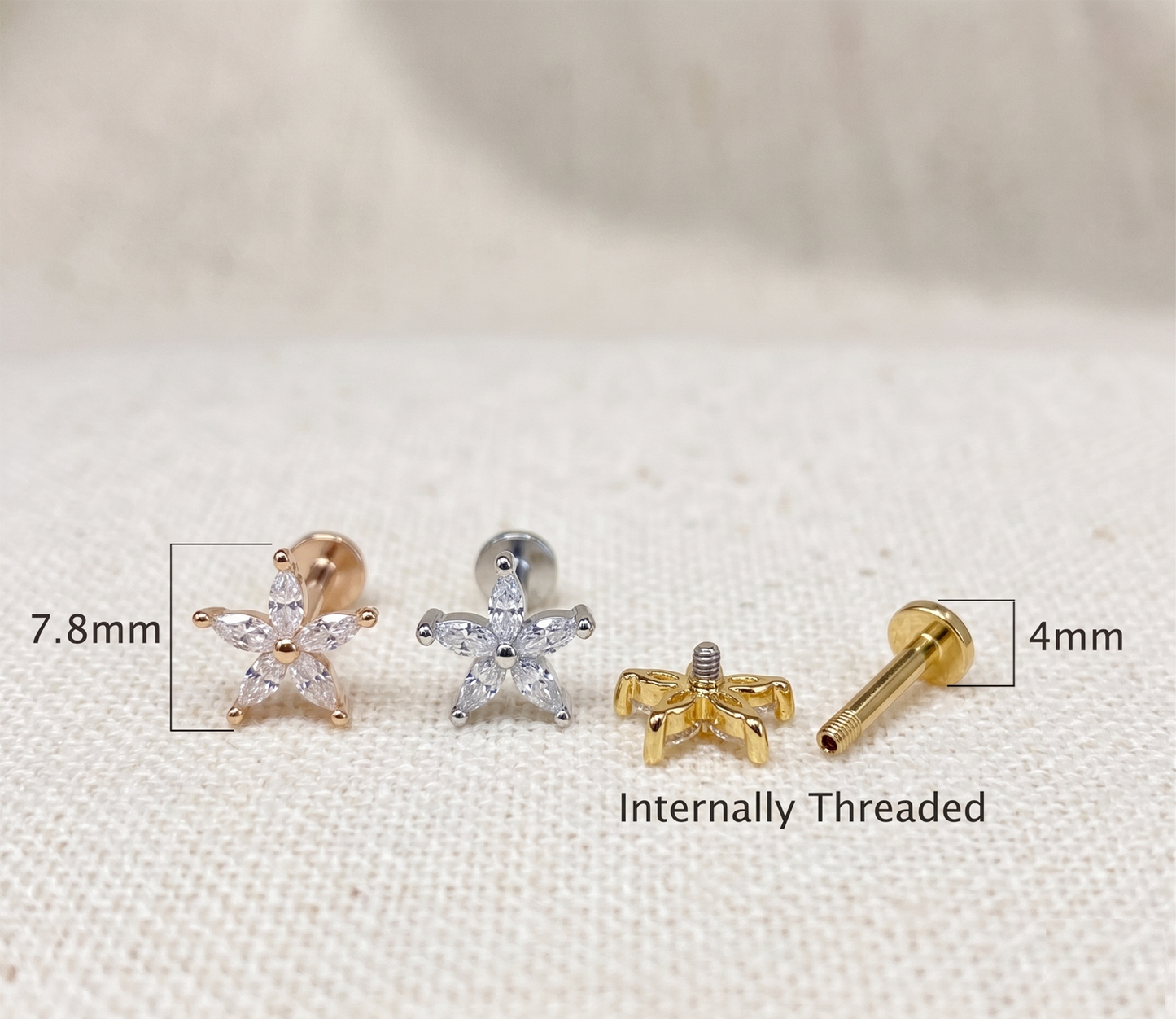 Surgical Steel Flower CZ Threaded Labret Stud 16G