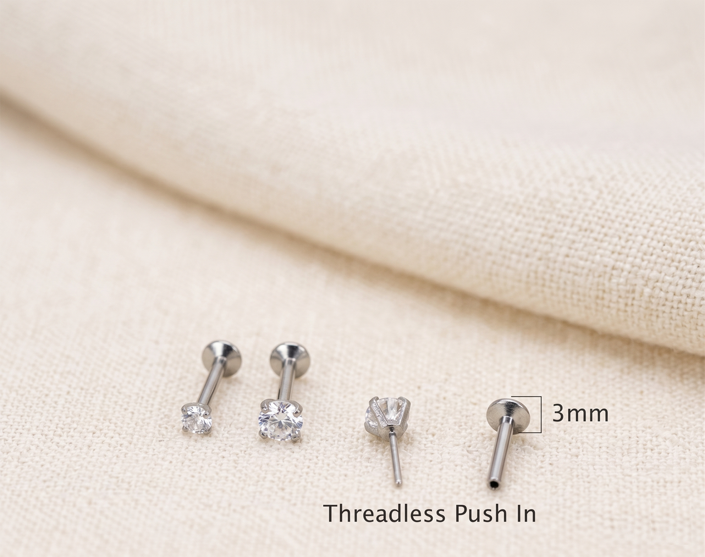 Surgical Steel Round CZ Prong Threadless Flat Back Stud 16G 18G 20G