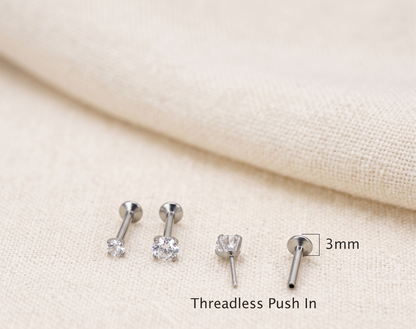 Surgical Steel Round CZ Prong Threadless Flat Back Stud 16G 18G 20G
