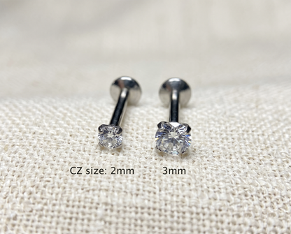 Surgical Steel Round CZ Prong Threadless Flat Back Stud 16G 18G 20G