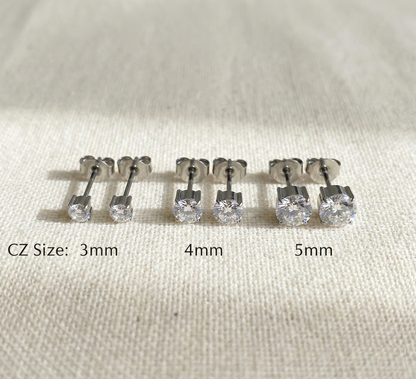 Silver titanium raised prong CZ stud earrings size comparison 3mm 4mm 5mm