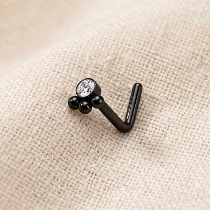 Surgical Steel CZ 3-Beaded Ball L-Bend Nose Stud 20G