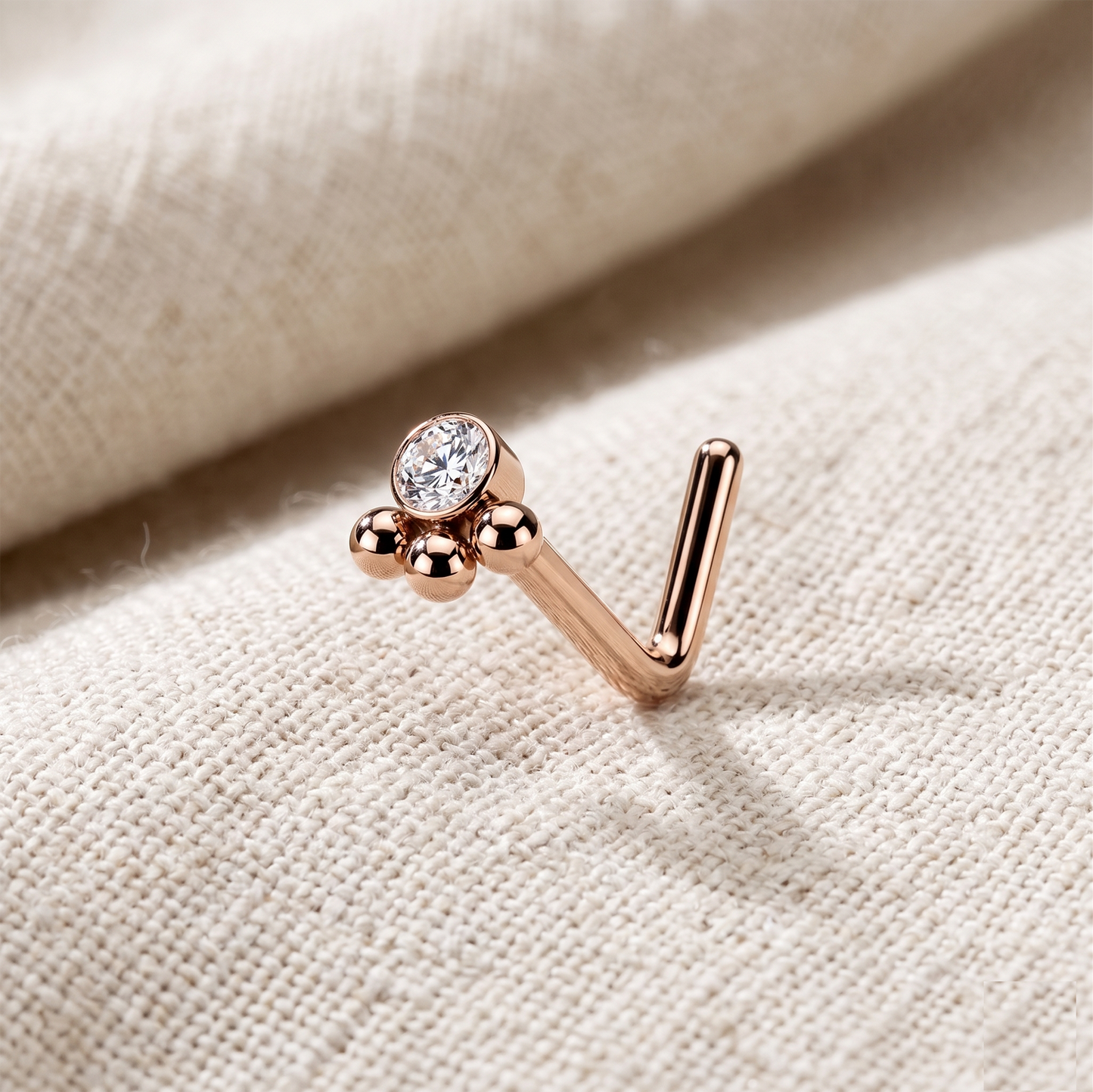 Surgical Steel CZ 3-Beaded Ball L-Bend Nose Stud 20G