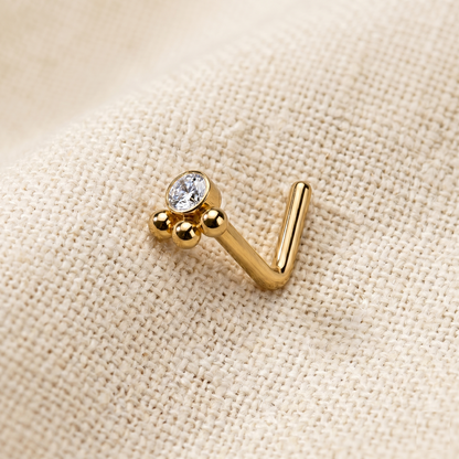 Surgical Steel CZ 3-Beaded Ball L-Bend Nose Stud 20G
