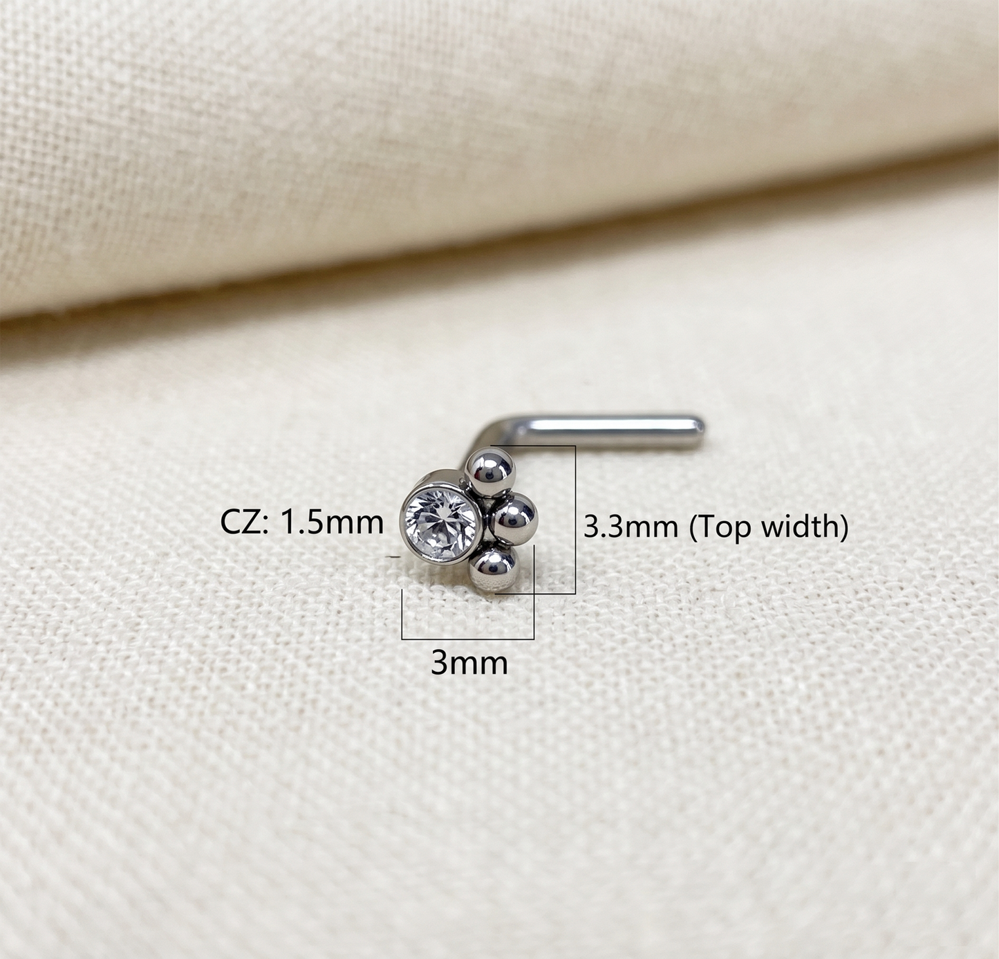 Surgical Steel CZ 3-Beaded Ball L-Bend Nose Stud 20G