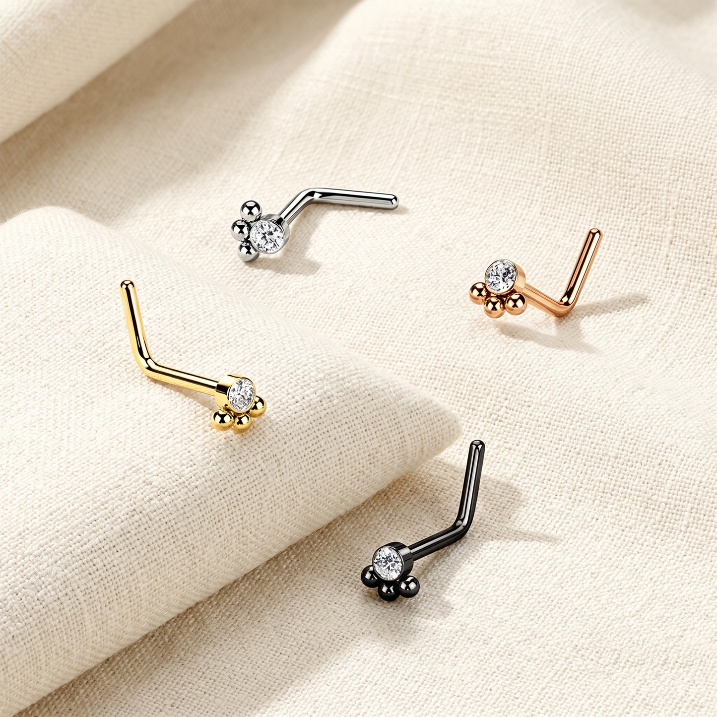 Surgical Steel CZ 3-Beaded Ball L-Bend Nose Stud 20G