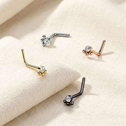 Surgical Steel CZ 3-Beaded Ball L-Bend Nose Stud 20G