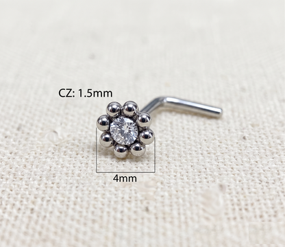 Surgical Steel Flower CZ L-Bend Nose Stud 20G