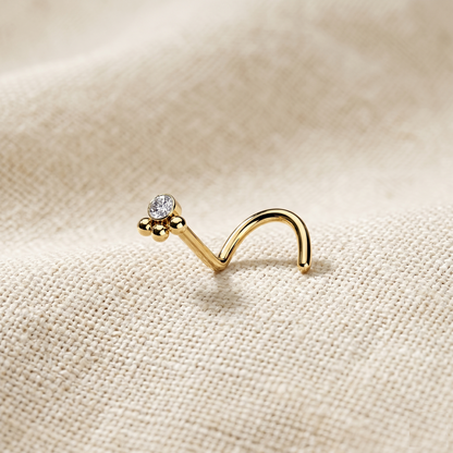 Surgical Steel CZ 3-Beaded Ball Corkscrew Nose Ring 20G