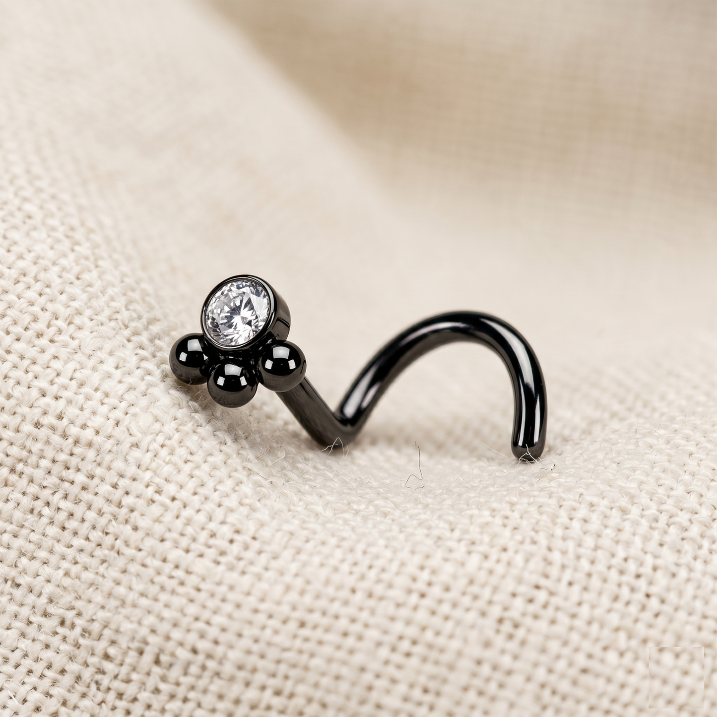 Surgical Steel CZ 3-Beaded Ball Corkscrew Nose Ring 20G