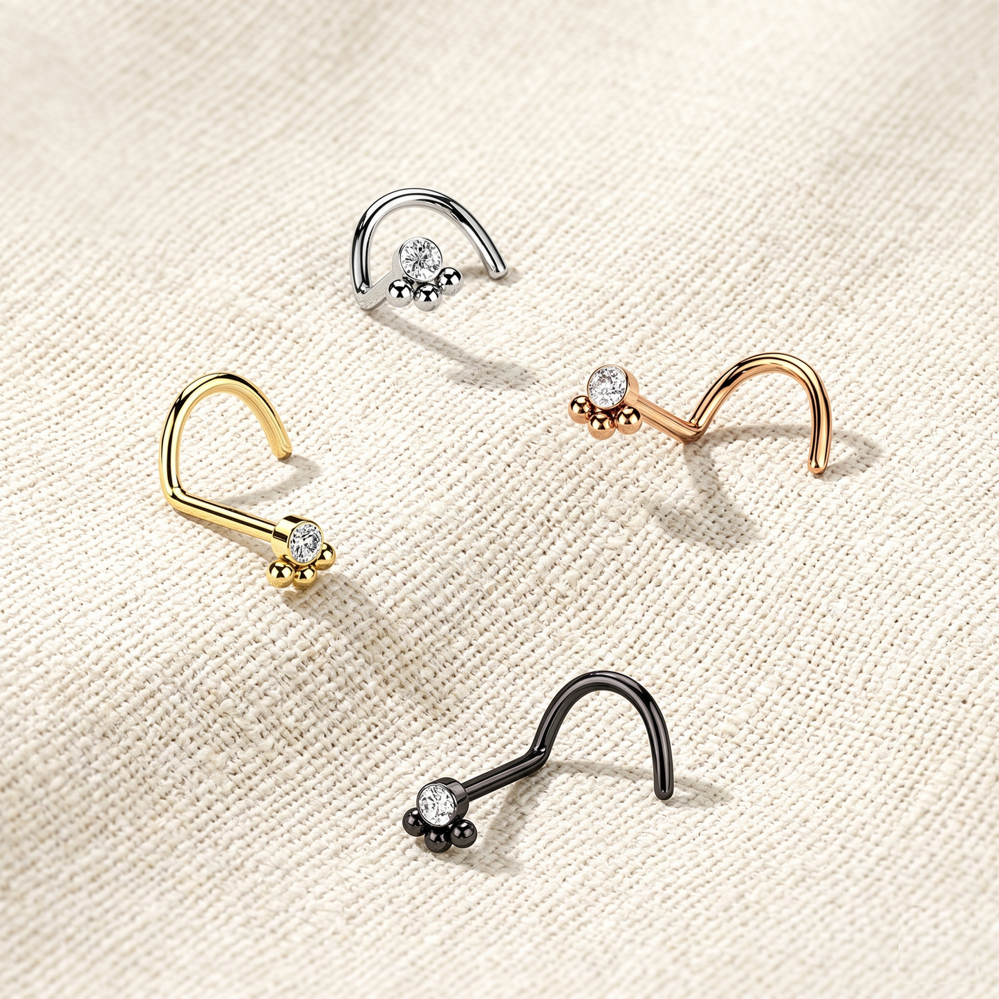 Surgical Steel CZ 3-Beaded Ball Corkscrew Nose Ring 20G