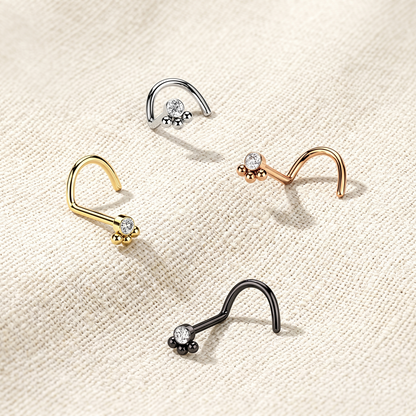 Surgical Steel CZ 3-Beaded Ball Corkscrew Nose Ring 20G