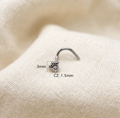 Surgical Steel CZ 3-Beaded Ball Corkscrew Nose Ring 20G