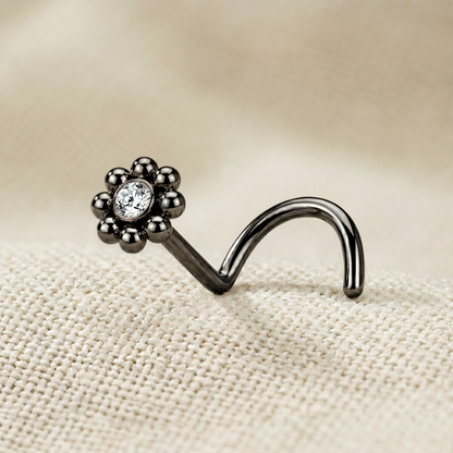 Surgical Steel Flower CZ Corkscrew Nose Ring 20G