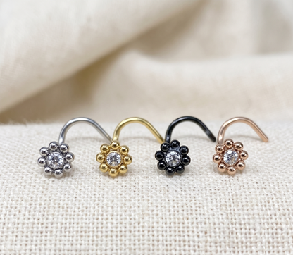 Surgical Steel Flower CZ Corkscrew Nose Ring 20G