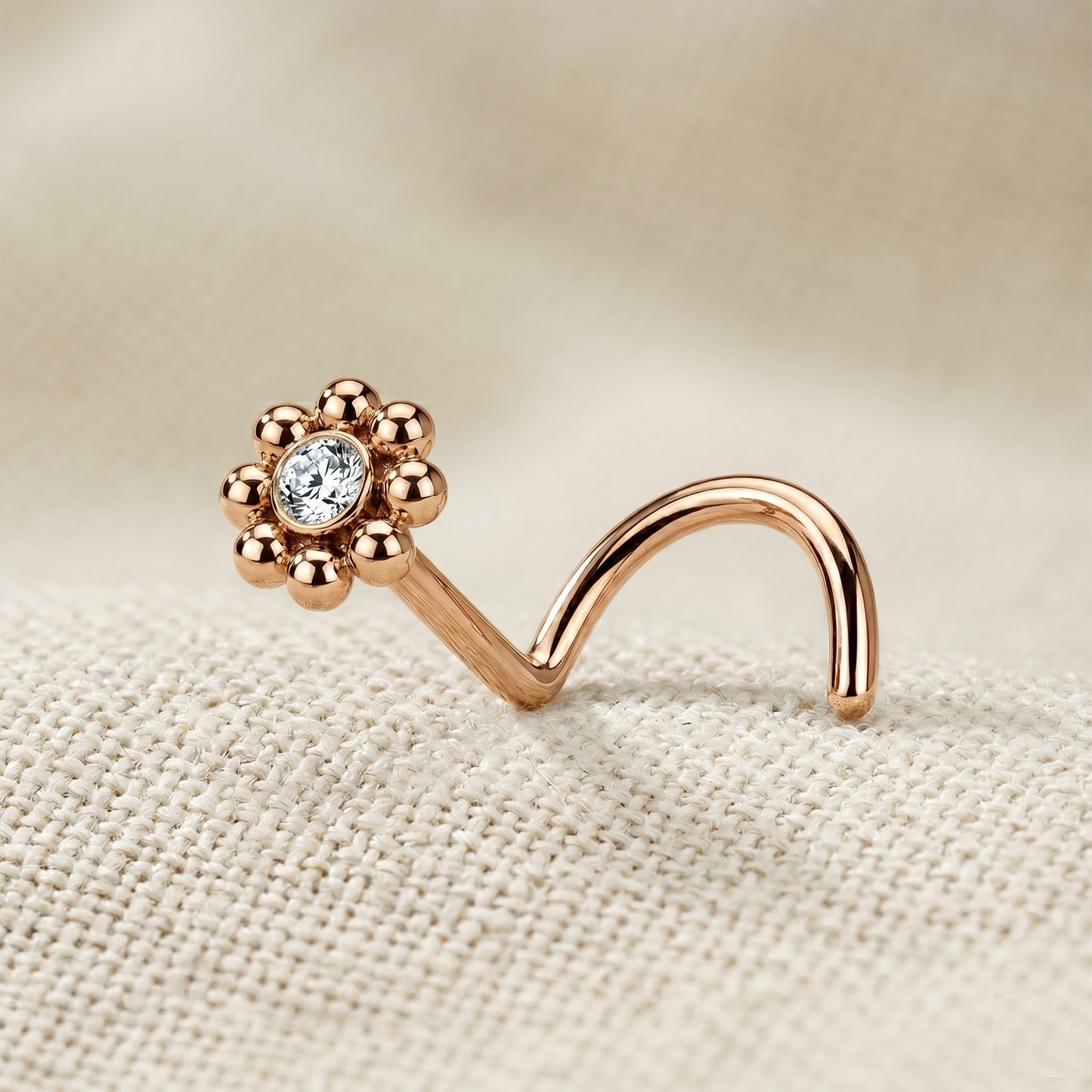 Surgical Steel Flower CZ Corkscrew Nose Ring 20G