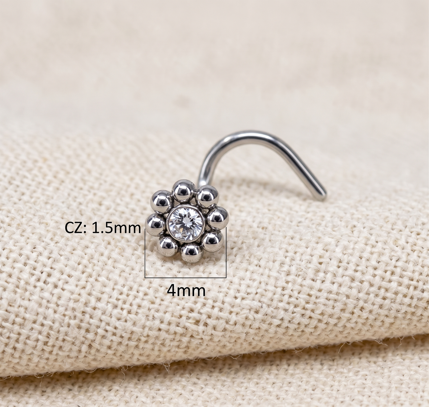 Surgical Steel Flower CZ Corkscrew Nose Ring 20G