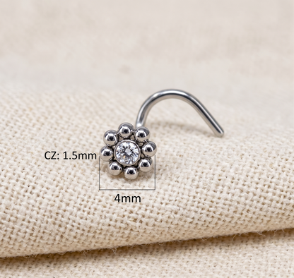 Surgical Steel Flower CZ Corkscrew Nose Ring 20G