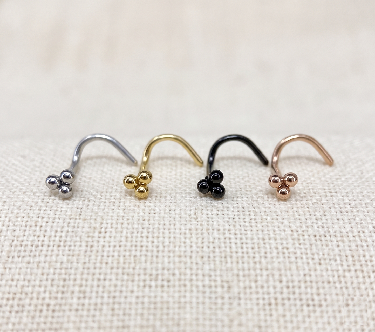 Surgical Steel 3-Ball Triangle Corkscrew Nose Ring 20G