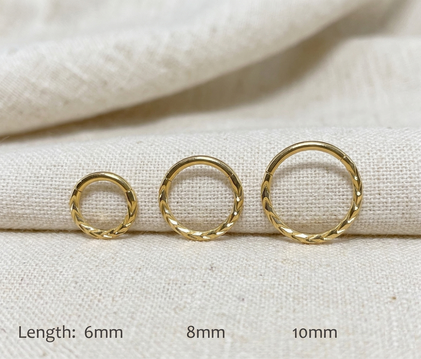 Gold chevron cut hinged hoop size comparison 6mm 8mm 10mm