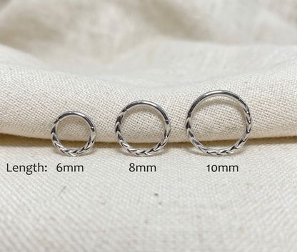 Chevron cut hinged hoop size comparison 6mm 8mm 10mm in silver