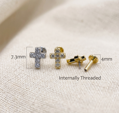 Surgical Steel Cross CZ Threaded Labret 16G