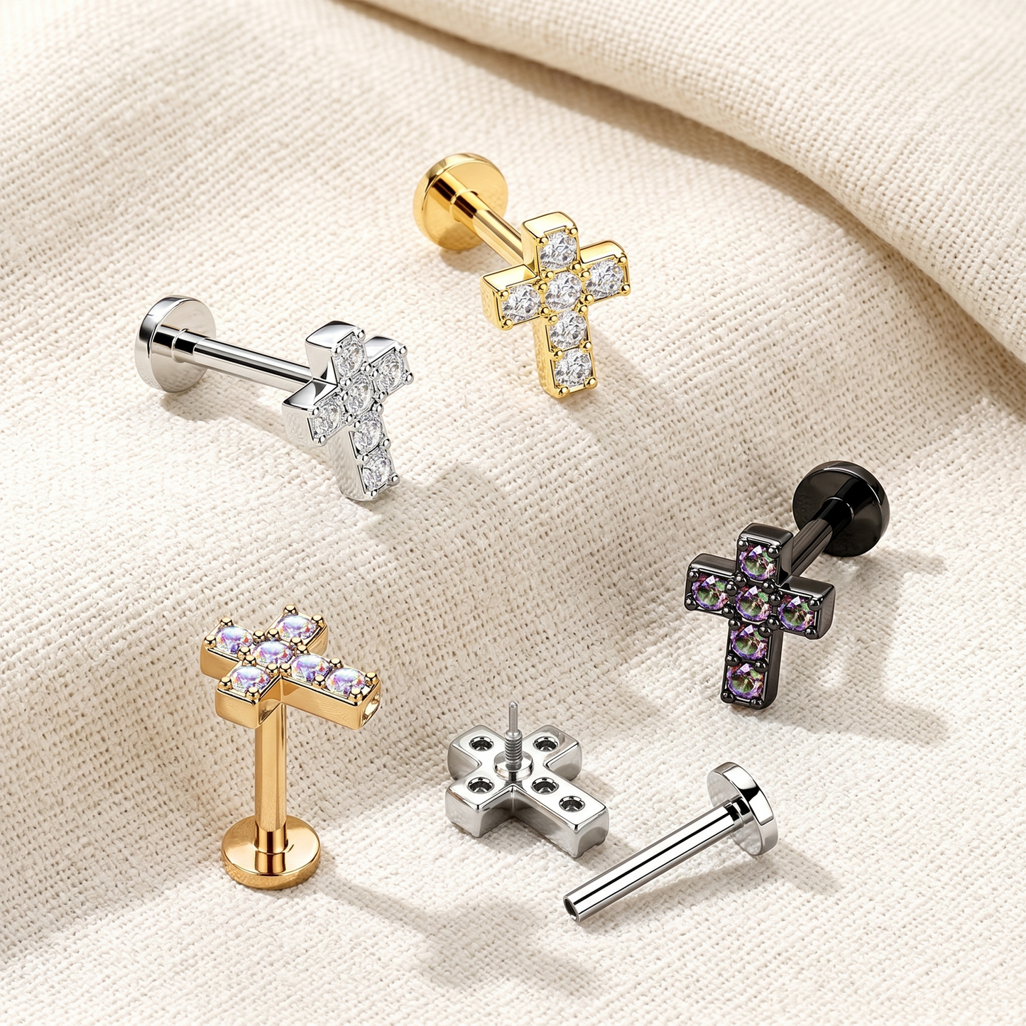 Surgical Steel Cross CZ Threaded Labret 16G