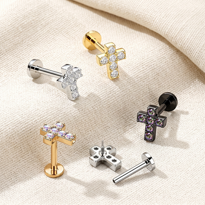 Surgical Steel Cross CZ Threaded Labret 16G