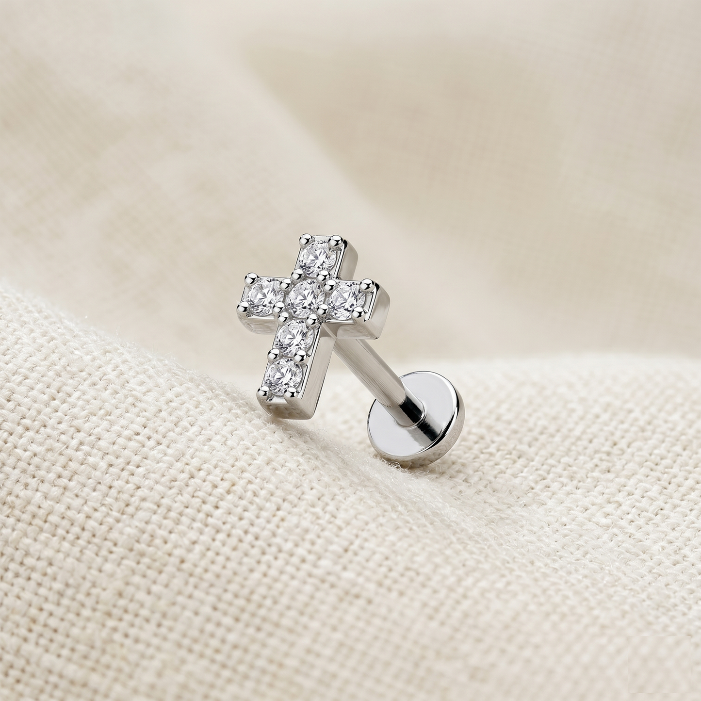 Surgical Steel Cross CZ Threaded Labret 16G