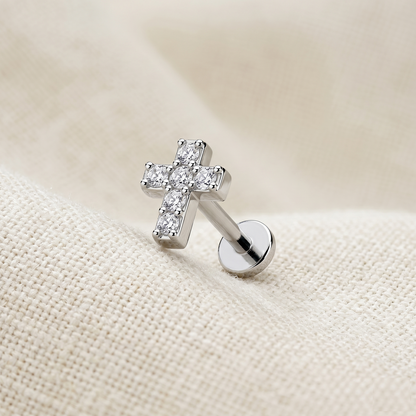 Surgical Steel Cross CZ Threaded Labret 16G