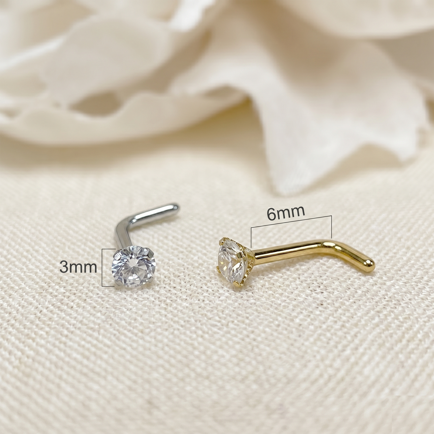 Surgical Steel 3mm CZ L-Bend Nose Stud 18G 20G