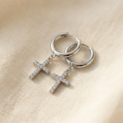 Surgical Steel CZ Cross Dangle Hoop Earrings 18G