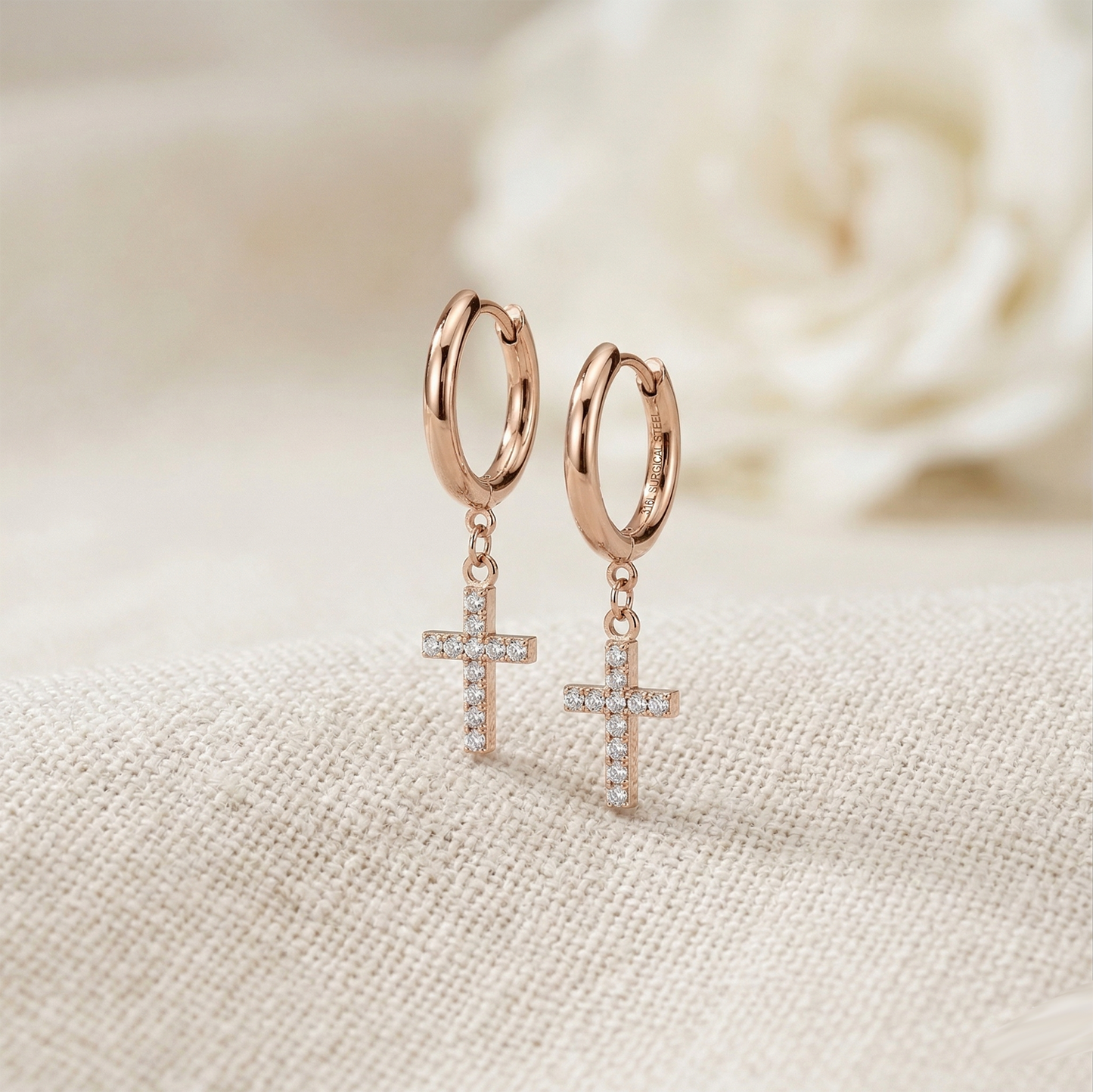 Surgical Steel CZ Cross Dangle Hoop Earrings 18G
