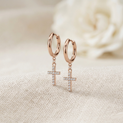 Surgical Steel CZ Cross Dangle Hoop Earrings 18G