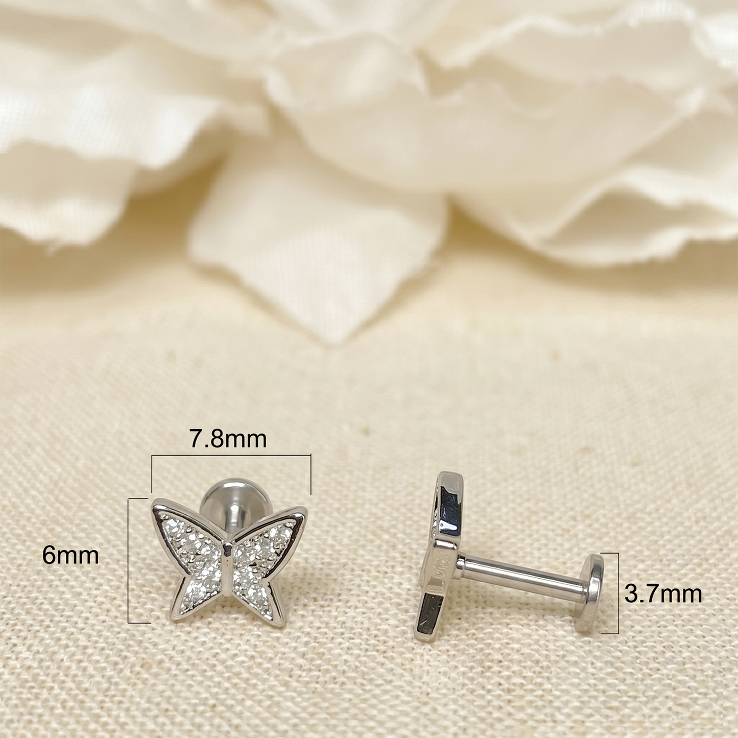 Butterfly CZ Threaded Flat Back Labret 16G