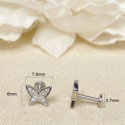 Butterfly CZ Threaded Flat Back Labret 16G