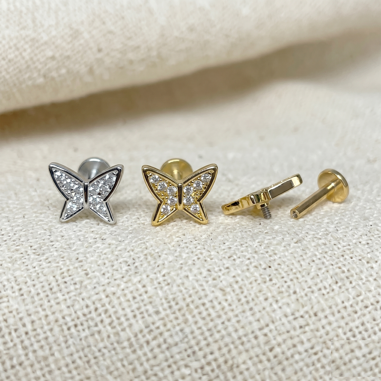 Butterfly CZ Threaded Flat Back Labret 16G